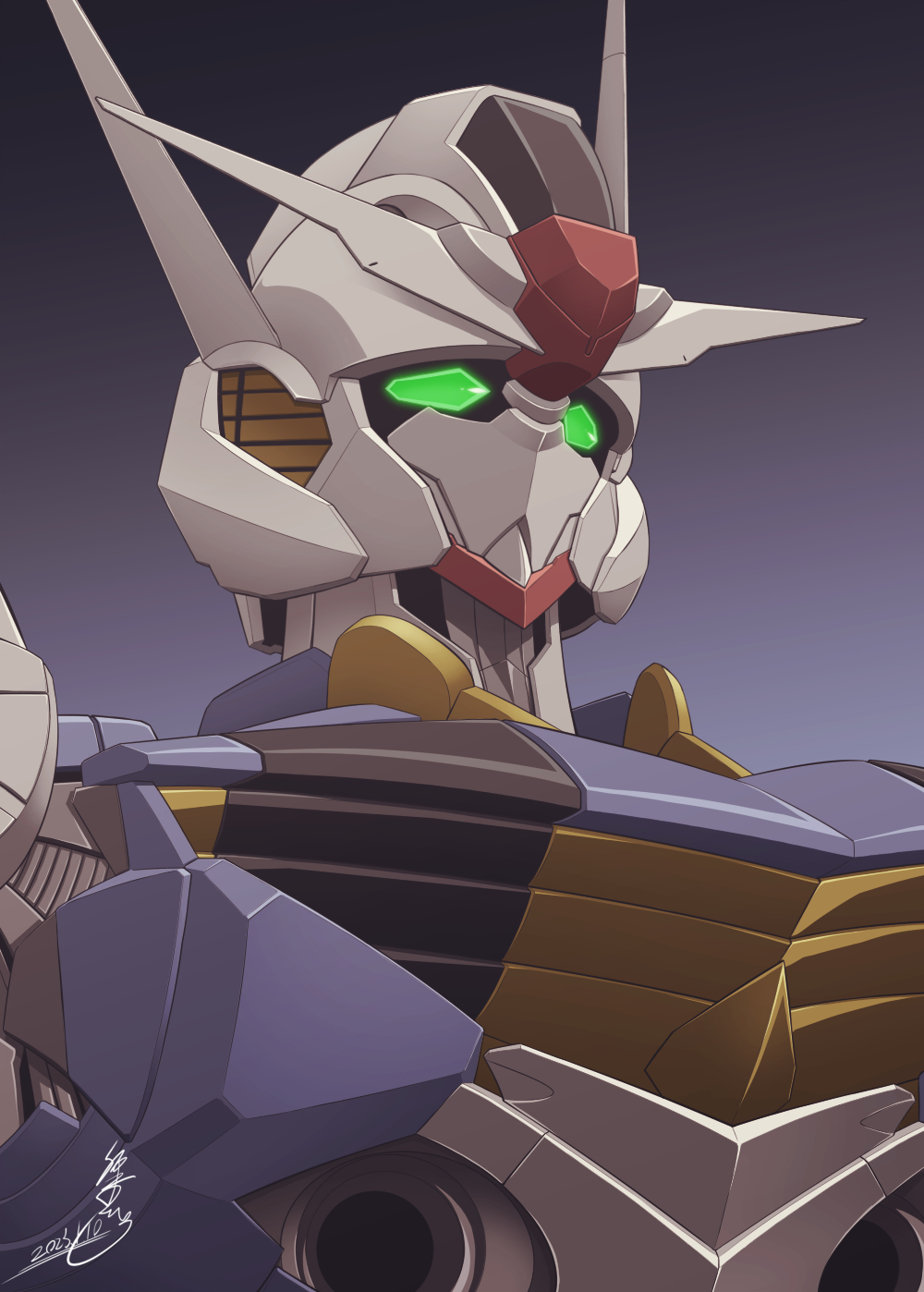 dated gradient_background green_eyes gundam gundam_aerial gundam_suisei_no_majo highres kijinaka_mahiro looking_ahead mecha mobile_suit no_humans portrait robot science_fiction signature solo upper_body v-fin