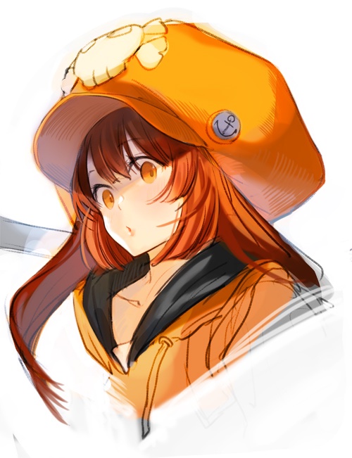 1girl anchor_symbol bangs brown_eyes brown_hair cabbie_hat collarbone cropped_torso guilty_gear hat hood hoodie long_hair long_sleeves looking_at_viewer may_(guilty_gear) orange_hoodie pout simple_background sketch skull_and_crossbones solo suvin_(mononochi) upper_body white_background