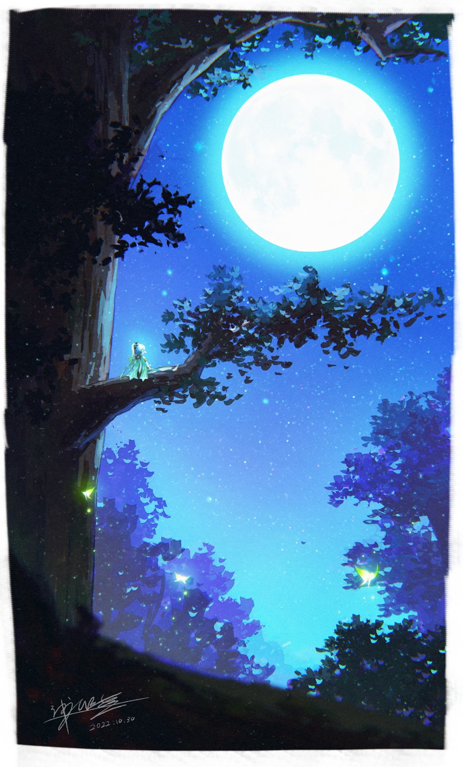 1girl border branch bug butterfly cape commentary_request crystalfly_(genshin_impact) dated facing_away full_moon genshin_impact glowing_butterfly green_cape green_hair highres in_tree kaminaga_mutsumi long_hair moon multicolored_hair nahida_(genshin_impact) night night_sky outdoors pointy_ears ponytail scenery side_ponytail signature sitting sitting_in_tree sky solo star_(sky) starry_sky tree white_border white_hair