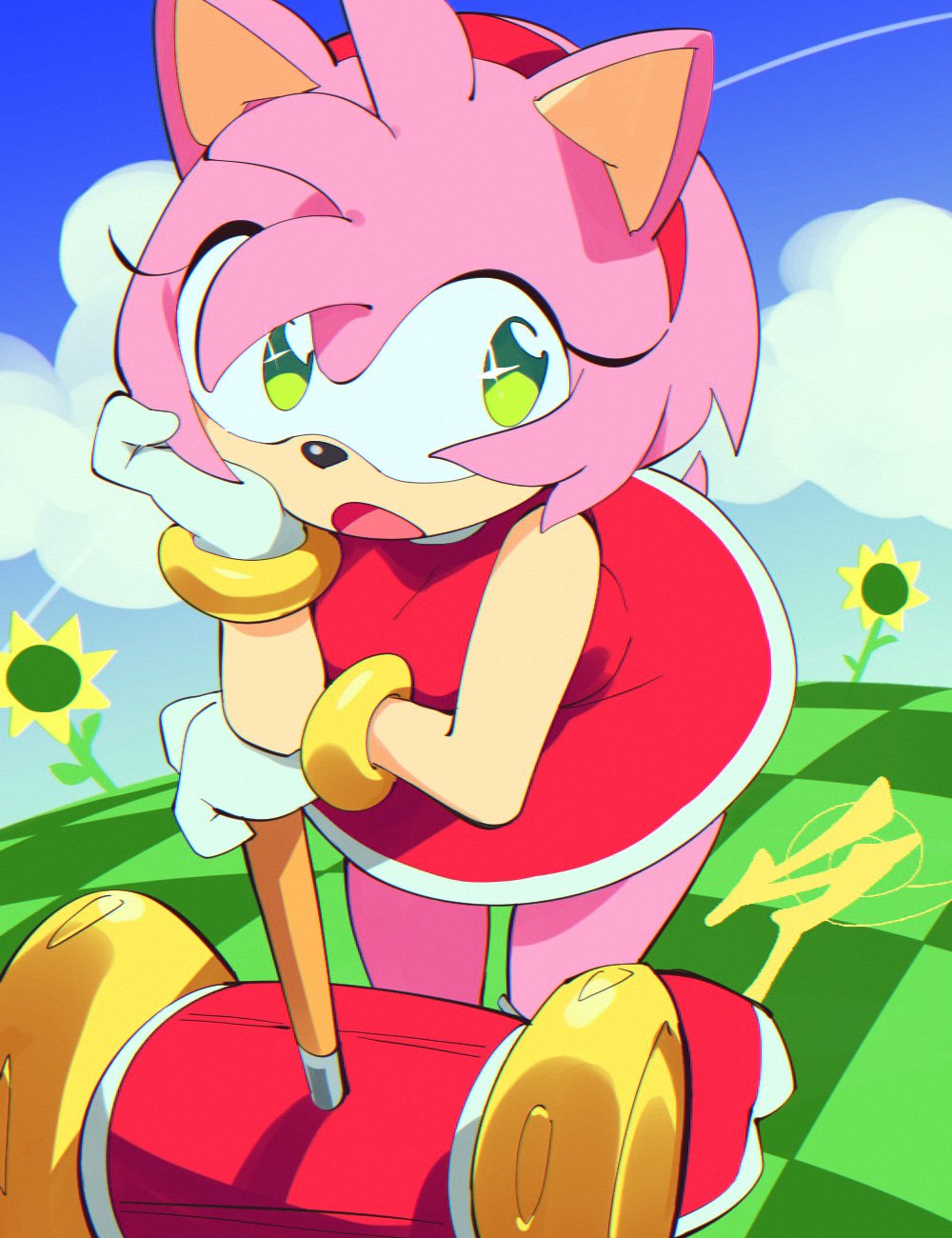 1girl aetherion amy_rose animal_nose bracelet clouds commentary dress flower furry furry_female gloves green_eyes hairband hammer highres jewelry leaning_forward open_mouth red_dress red_hairband sky solo sonic_(series) symbol-only_commentary white_gloves