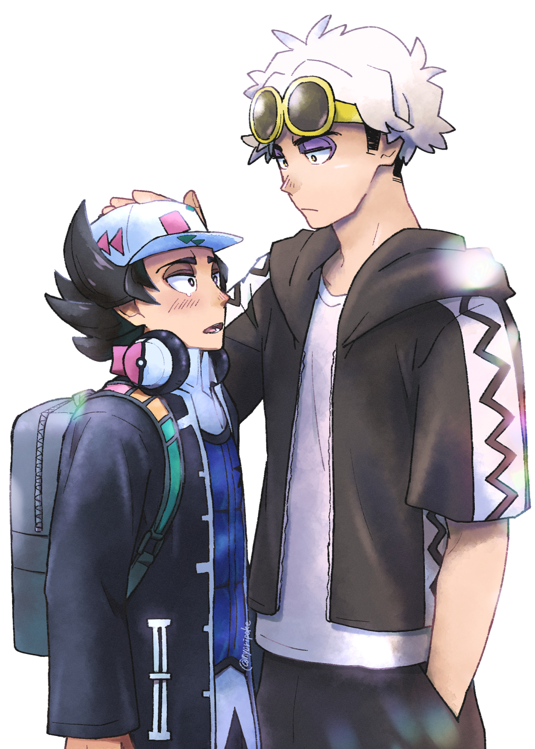 2boys backpack bag baseball_cap black_eyes black_hair black_jacket blue_vest blush bright_pupils closed_mouth collared_shirt commentary_request eyeshadow from_side giacomo_(pokemon) guzma_(pokemon) hat headpat headphones height_difference highres hood hooded_jacket jacket makeup male_focus multiple_boys nyoripoke open_clothes open_jacket pointy_hair pokemon pokemon_(game) pokemon_sm pokemon_sv purple_eyeshadow shirt short_hair short_sleeves simple_background sunglasses team_star vest white_background white_hair white_pupils white_shirt yellow-framed_eyewear zipper