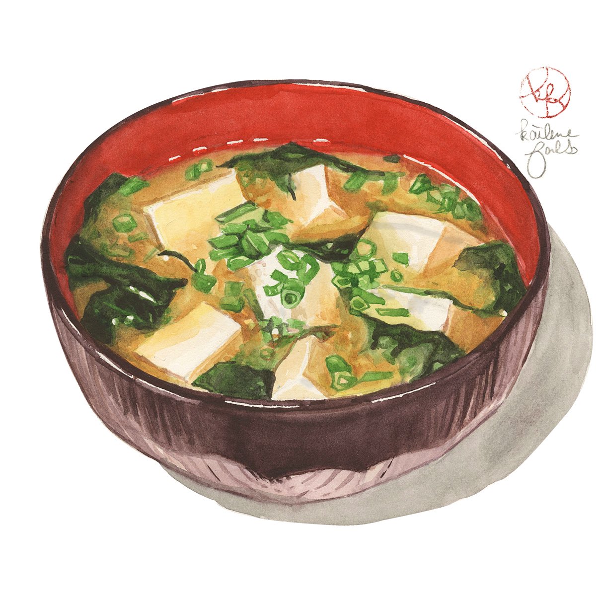 artist_name bowl english_commentary food food_focus highres kailene miso_soup mixed-language_commentary original seaweed simple_background soup still_life tofu white_background