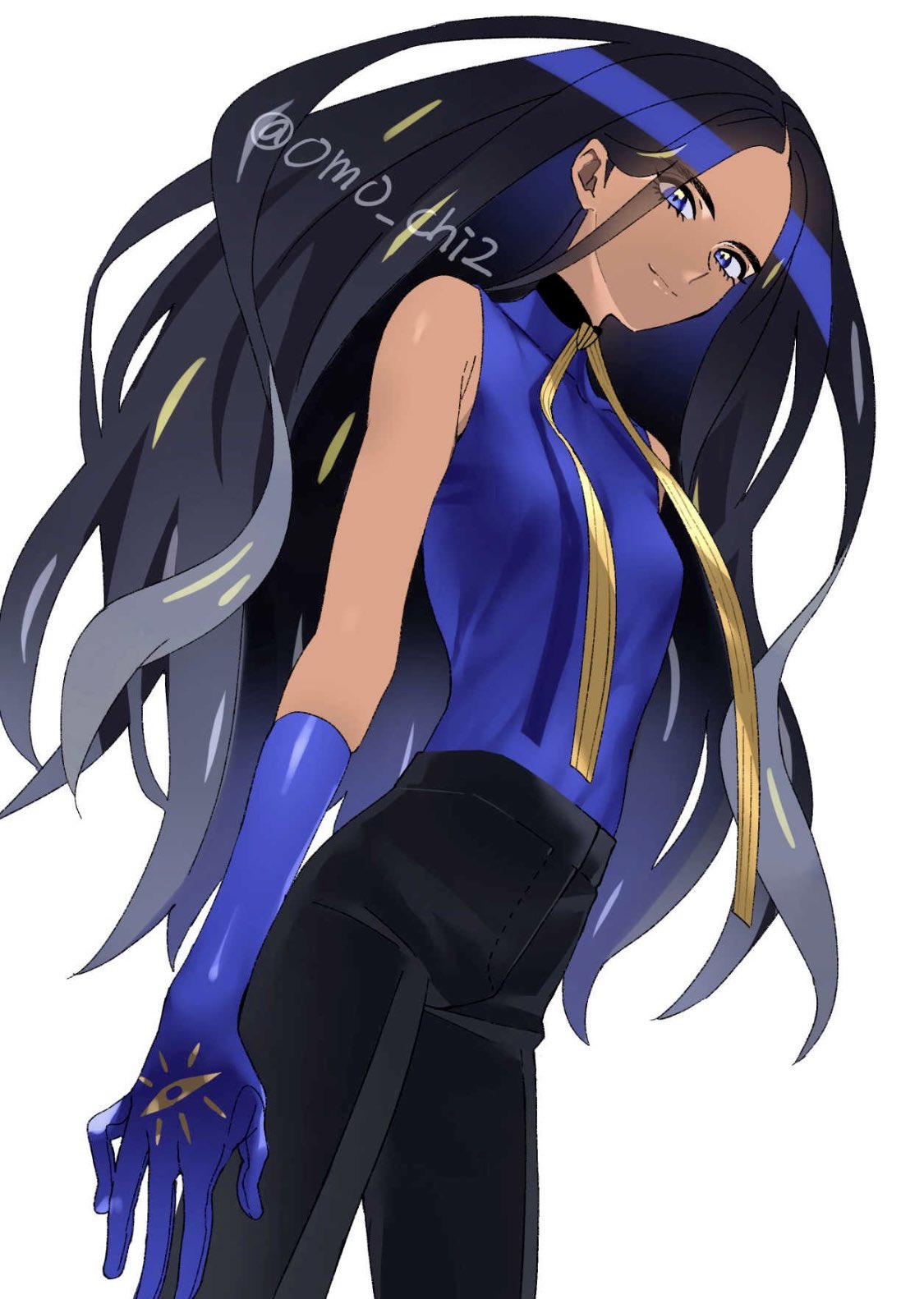 1girl black_hair black_pants blue_eyes blue_gloves blue_shirt closed_mouth commentary_request eyelashes from_below geeta_(pokemon) gloves highres long_hair looking_down neck_ribbon omo_chi2 pants pokemon pokemon_(game) pokemon_sv ribbon shirt simple_background sleeveless sleeveless_shirt smile solo twitter_username watermark white_background yellow_ribbon