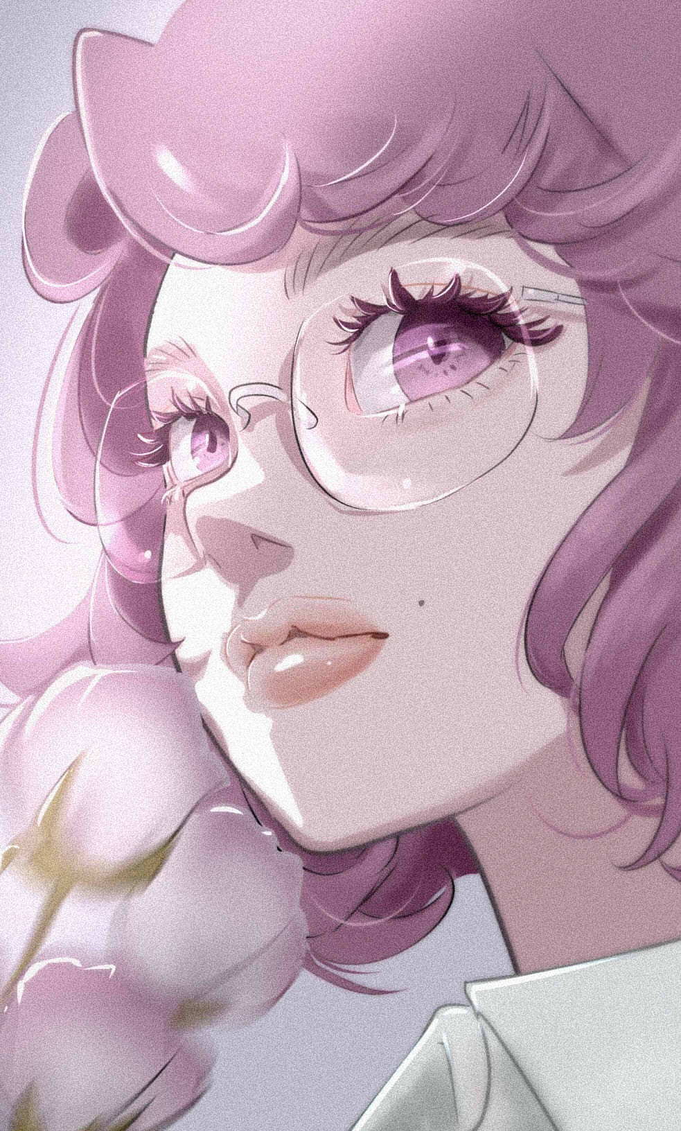 1girl close-up commentary_request film_grain flower glasses grey_background highres lips medium_hair mole original pink_mousse purple_hair rimless_eyewear solo tulip violet_eyes