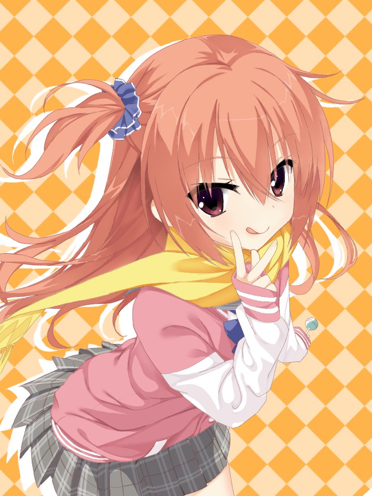 1girl :d argyle argyle_background bangs blue_bow blue_scrunchie blush bow candy commentary eyelashes food grey_skirt hair_between_eyes hair_ornament hair_scrunchie hand_up holding holding_candy holding_food holding_lollipop inaba_meguru jacket lollipop long_hair looking_at_viewer majo miniskirt orange_background orange_hair pink_jacket plaid plaid_skirt pleated_skirt red_eyes sanoba_witch scarf scrunchie side_ponytail sidelocks simple_background skirt smile solo v_over_mouth wavy_hair yellow_scarf