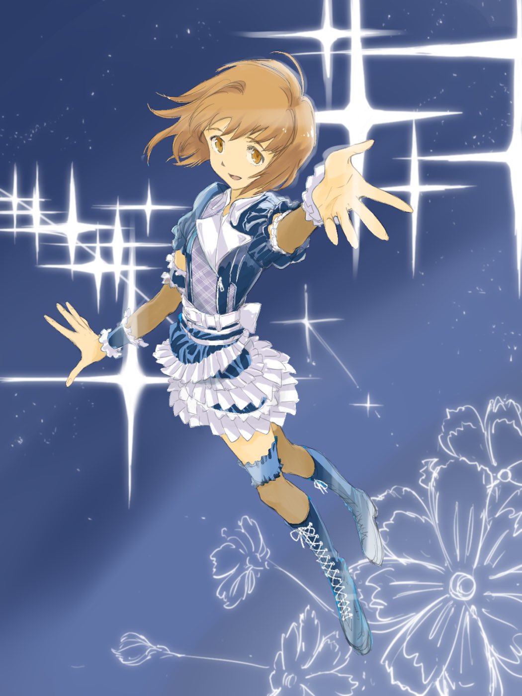 1girl ahoge belt blue_background blue_dress blue_scrunchie boots brown_eyes brown_hair cross-laced_footwear dress flat_chest floating flower frilled_bracelet frilled_dress frilled_skirt frills full_body hagiwara_yukiho highres hirokazu idolmaster lace-up_boots looking_at_viewer open_hands open_mouth outstretched_arm scrunchie short_hair short_sleeves skirt sky solo sparkle sparkle_background star_(sky) starry_sky thigh_scrunchie white_belt zipper zipper_pull_tab