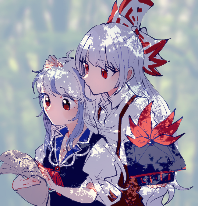 2girls ahoge arm_up backlighting bangs blue_hair blunt_bangs blurry blurry_background bow closed_mouth collared_shirt dappled_sunlight expressionless from_side fujiwara_no_mokou hair_bow half_updo hand_on_another's_head hand_up hands_up hat hat_removed headwear_removed height_difference holding holding_clothes holding_hat holding_paper itomugi-kun kamishirasawa_keine light_blue_hair long_hair looking_at_another looking_down multicolored_hair multiple_girls neckerchief outdoors paper puffy_short_sleeves puffy_sleeves red_eyes red_neckerchief shade shirt short_sleeves streaked_hair sunlight suspenders swept_bangs tokin_hat touhou upper_body white_bow white_hair white_shirt wing_collar