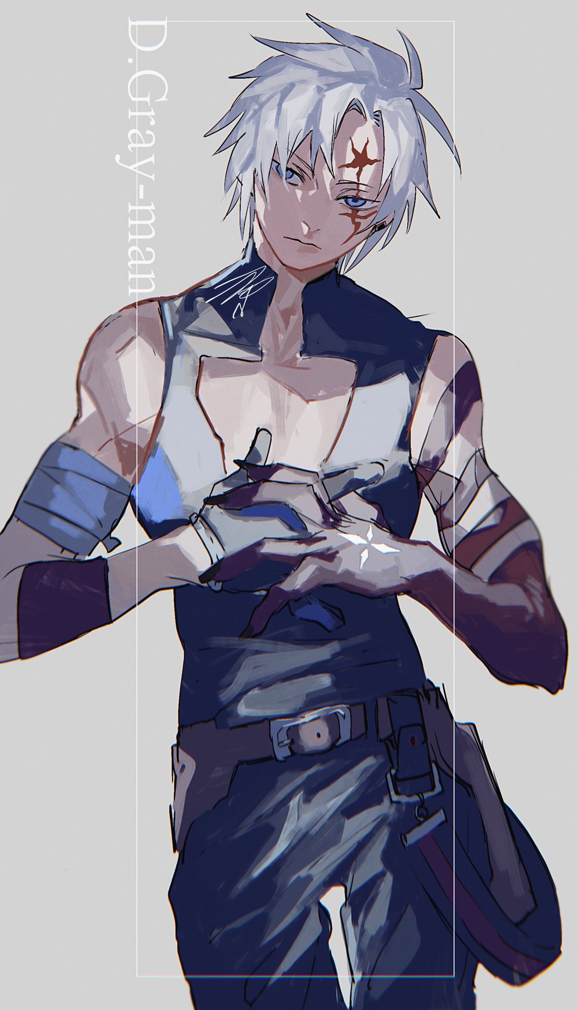 1boy allen_walker azisaiharumaki56 bangs black_gloves blue_eyes closed_mouth copyright_name d.gray-man facial_mark forehead_mark gloves highres looking_at_viewer male_focus marking_on_cheek signature single_glove solo spiky_hair white_hair