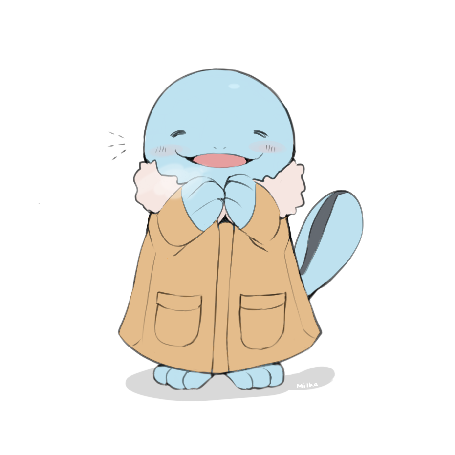 :d blush brown_coat closed_eyes clothed_pokemon coat full_body long_sleeves milka_(milk4ppl) no_humans open_mouth pokemon pokemon_(creature) quagsire signature smile solo standing toes tongue white_background