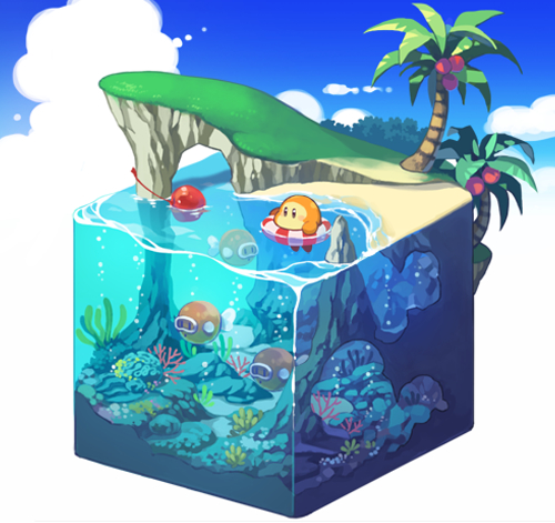 43 air_bubble beach blipper blue_sky blush blush_stickers brown_eyes bubble cherry cliff clouds coconut coconut_tree commentary_request coral day diving_mask fish food fruit full_body goggles grass innertube isometric kirby_(series) lowres no_humans palm_tree sand scenery sky submerged tree waddle_dee water