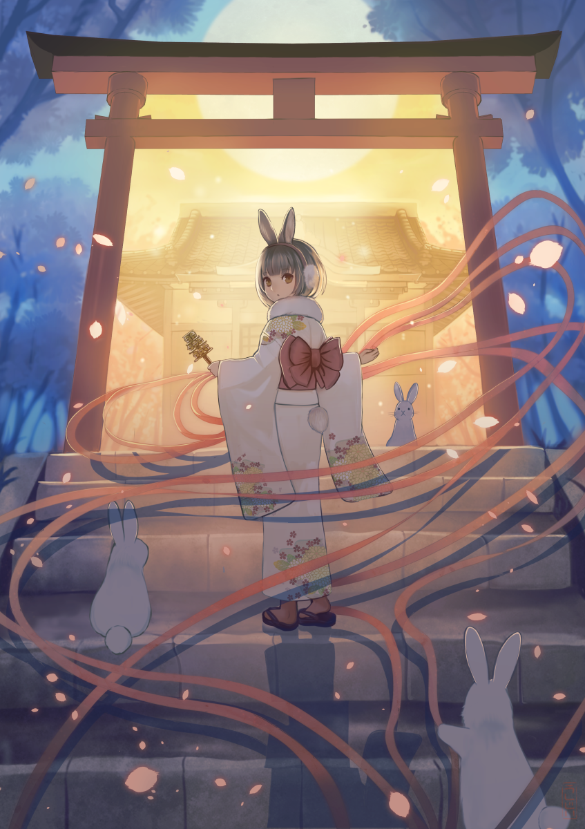 1girl animal animal_ears architecture backlighting bangs bell bow brown_eyes earmuffs east_asian_architecture falling_petals from_behind full_body full_moon grey_hair highres holding japanese_clothes jingle_bell kagura_suzu kimono long_sleeves looking_back moon obi original outdoors petals rabbit rabbit_ears rabbit_girl rabbit_tail ribbon sash short_hair solo stairs stone_stairs tail tail_through_clothes torii tree ushijiya wide_sleeves