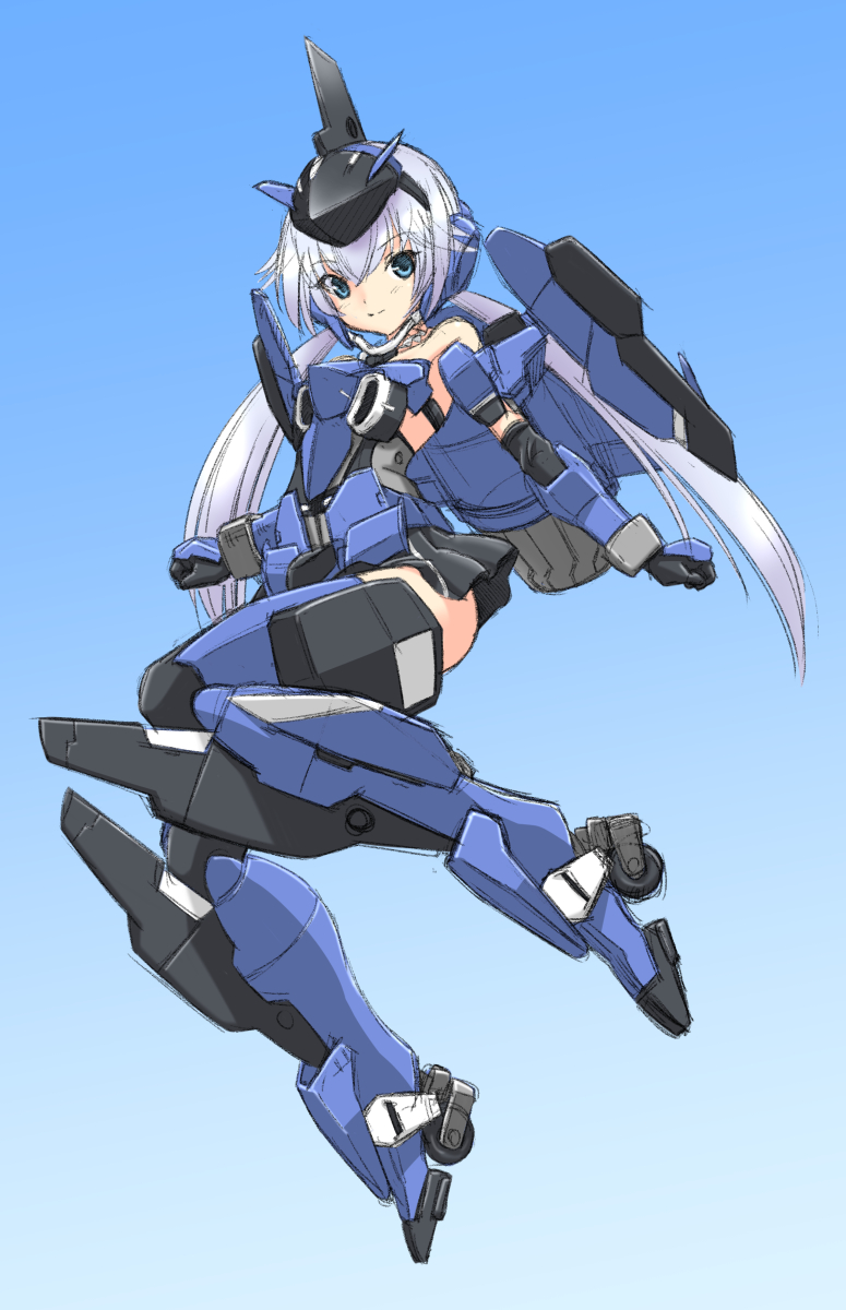 1girl bangs bare_shoulders black_dress black_gloves blue_eyes clenched_hands closed_mouth dress elbow_gloves frame_arms_girl full_body gloves gradient_background grey_hair hair_between_eyes headgear highres long_hair looking_at_viewer mecha_musume shinjou_satomi short_dress smile solo split_mouth stylet twintails very_long_hair