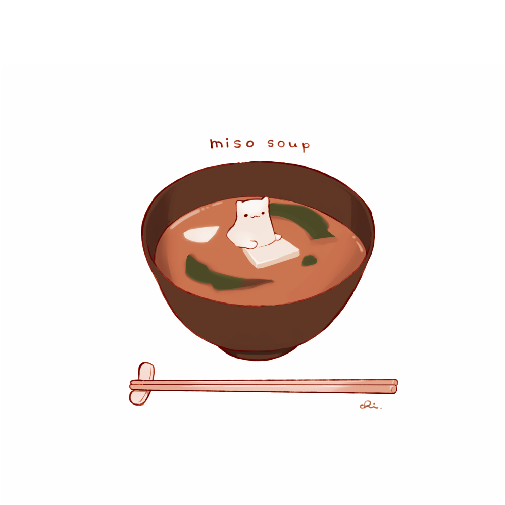 animal bowl cat chai_(drawingchisanne) chopstick_rest chopsticks commentary_request english_text food food_focus in_bowl in_container in_food miso_soup no_humans original seaweed signature soup tofu undersized_animal white_background