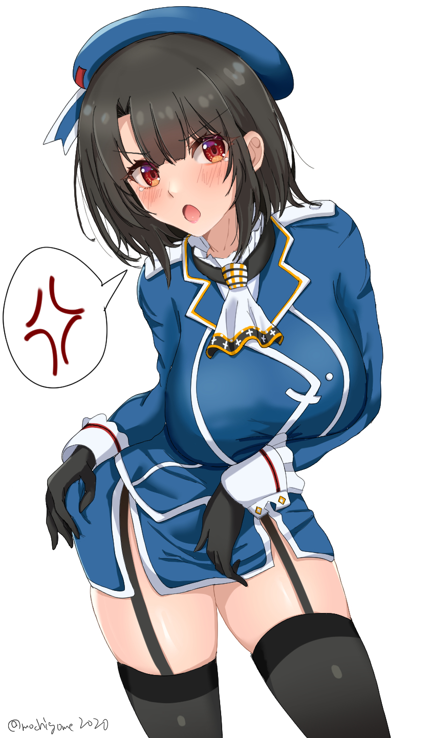 1girl ascot ass_grab beret black_gloves black_hair black_thighhighs blue_headwear blush breasts garter_straps gloves grabbing_own_ass hat highres kantai_collection large_breasts looking_at_viewer military military_uniform mochigome2020 open_mouth red_eyes short_hair simple_background surprised takao_(kancolle) thigh-highs twitter_username uniform white_background