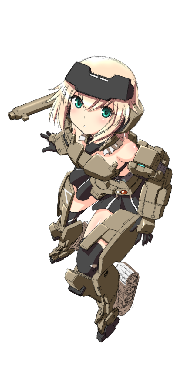 1girl aqua_eyes bangs bare_shoulders black_dress black_gloves black_thighhighs blonde_hair caterpillar_tracks clip_studio_paint_(medium) dress elbow_gloves forehead_protector frame_arms_girl from_above full_body gloves gourai hair_between_eyes highres looking_at_viewer mecha_musume parted_lips shinjou_satomi short_dress short_hair simple_background solo thigh-highs white_background zettai_ryouiki