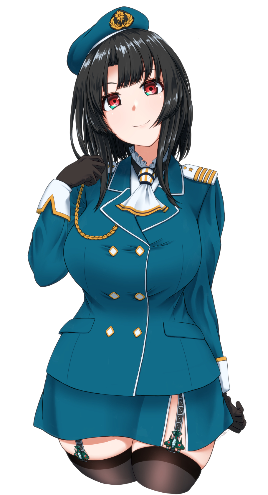 1girl ascot beret black_gloves black_hair black_thighhighs blue_headwear breasts cowboy_shot garter_straps gloves hat highres kantai_collection koutarou_(plusdrive) large_breasts long_hair looking_at_viewer military military_uniform red_eyes short_hair smile solo takao_(kancolle) thigh-highs uniform