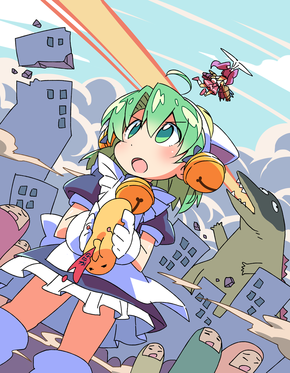 ahoge akihabara_(tokyo) animal_ears bell blush cat_ears city dejiko destruction di_gi_charat dress gloves godzilla green_eyes green_hair hair_bell hair_ornament highres holding kaijuu open_mouth roku_no_hito short_hair usada_hikaru white_gloves