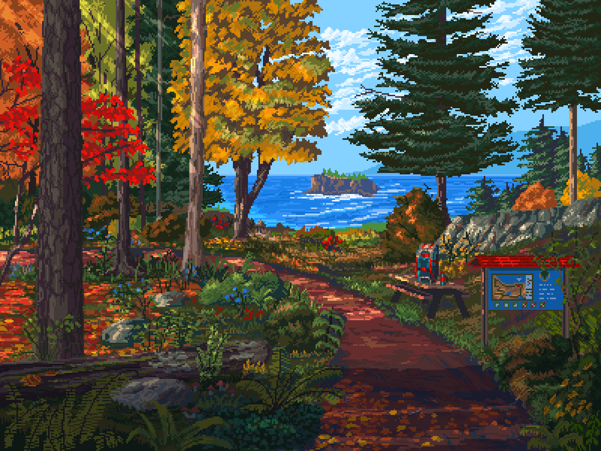 autumn autumn_leaves backpack bag blue_flower blue_sky bottle bush clouds commentary day english_commentary fern flower forest island kldpxl light_rays log map mountainous_horizon nature no_humans original outdoors picnic_table pine_tree pixel_art plant red_flower rock scenery sign sky table trail tree water