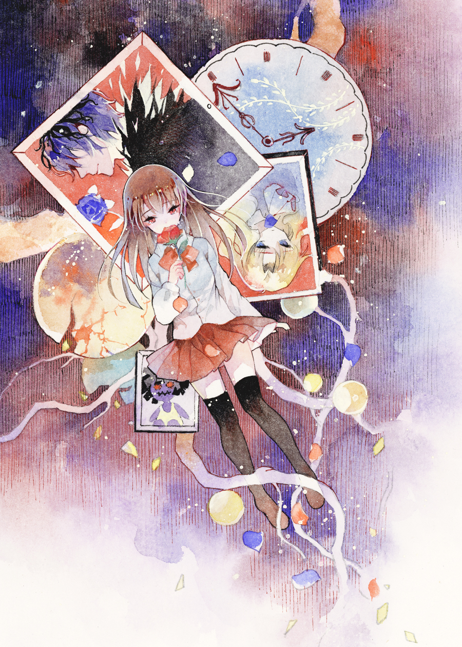 1boy 2girls analog_clock bangs black_coat black_thighhighs blonde_hair blue_eyes blue_flower blue_hair blue_rose brown_hair clock closed_mouth coat falling_petals floating flower framed garry_(ib) hair_over_eyes highres holding holding_flower ib ib_(ib) light_particles long_hair long_sleeves looking_at_viewer mary_(ib) multicolored_background multiple_girls orb painting_(medium) petals picture_(object) pleated_skirt portrait_(object) profile red_eyes red_flower red_rose red_skirt rei_(456789io) rose shirt short_hair skirt thigh-highs traditional_media watercolor_(medium) white_shirt zettai_ryouiki