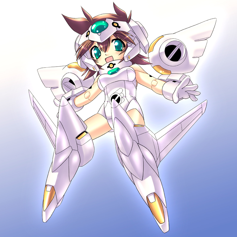 1girl :d android aqua_eyes bangs bare_shoulders breasts brown_hair detached_wings forehead_protector full_body gloves gradient_background hair_between_eyes joints leotard mecha_musume mechanical_wings open_mouth original robot_joints shinjou_satomi short_hair small_breasts smile solo white_gloves white_leotard white_wings wings