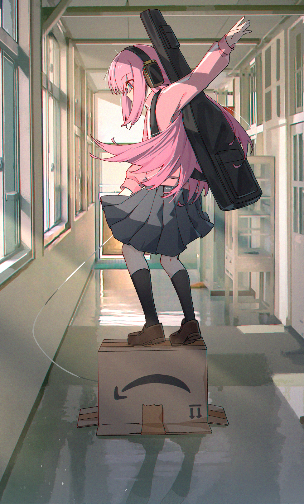 1girl balancing bangs black_footwear black_skirt black_socks blue_eyes bocchi_the_rock! box can cardboard_box cardigan commentary cropped dancing english_commentary floating_hair gotou_hitori guitar guitar_case hallway headphones highres holding holding_can instrument instrument_case jl_tan loafers long_hair long_sleeves on_box pink_cardigan pleated_skirt reflective_floor school shirt shoes simple_background skirt socks solo standing_on_object sunlight vanishing_point window