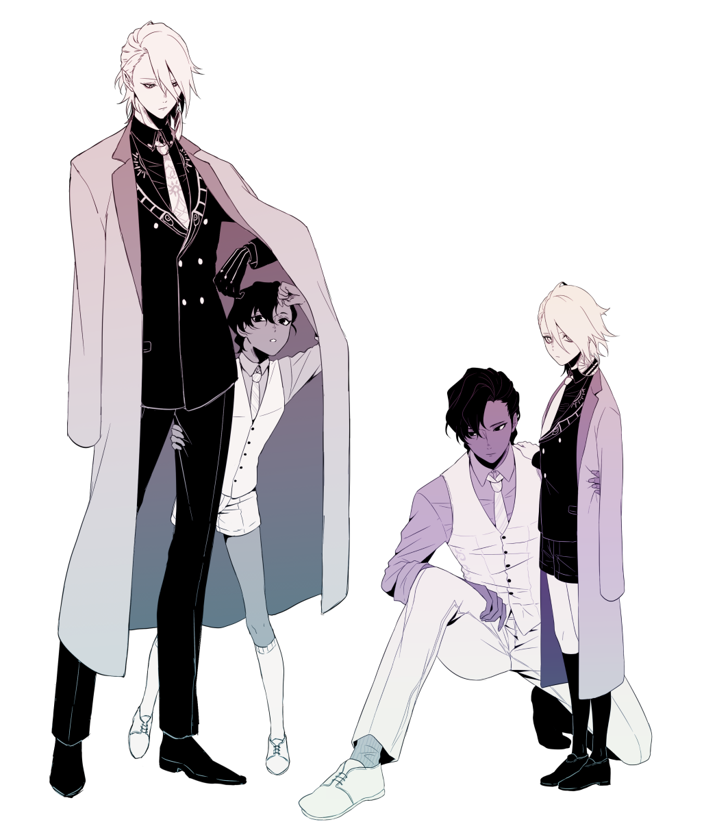 4boys aged_down arjuna_(fate) arjuna_(formal_dress)_(fate) asymmetrical_bangs bangs coat coat_lift coat_on_shoulders collared_shirt dark-skinned_male dark_skin dual_persona earrings fate/grand_order fate_(series) formal fuka_(hk_nemo) full_body gloves hair_between_eyes hand_on_another's_hip hand_on_another's_shoulder hand_on_another's_thigh highres jewelry karna_(fate) karna_(formal_dress)_(fate) kneehighs loafers looking_at_another male_child male_focus monochrome multiple_boys necktie official_alternate_costume one_knee oxfords pants parted_lips pointy_ears shirt shoes short_hair shorts sideways_glance simple_background single_earring socks standing suit suit_jacket swept_bangs vest waistcoat white_background