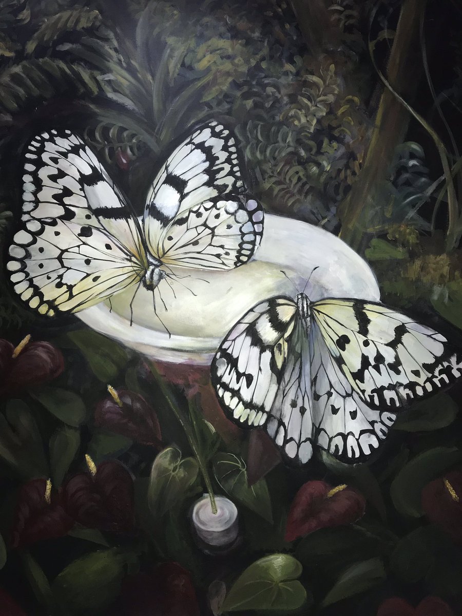 #b7282e acrylic_paint_(medium) animal_focus bug butterfly commentary dated_commentary flower highres leaf no_humans original outdoors painting_(medium) red_flower traditional_media white_butterfly white_flower