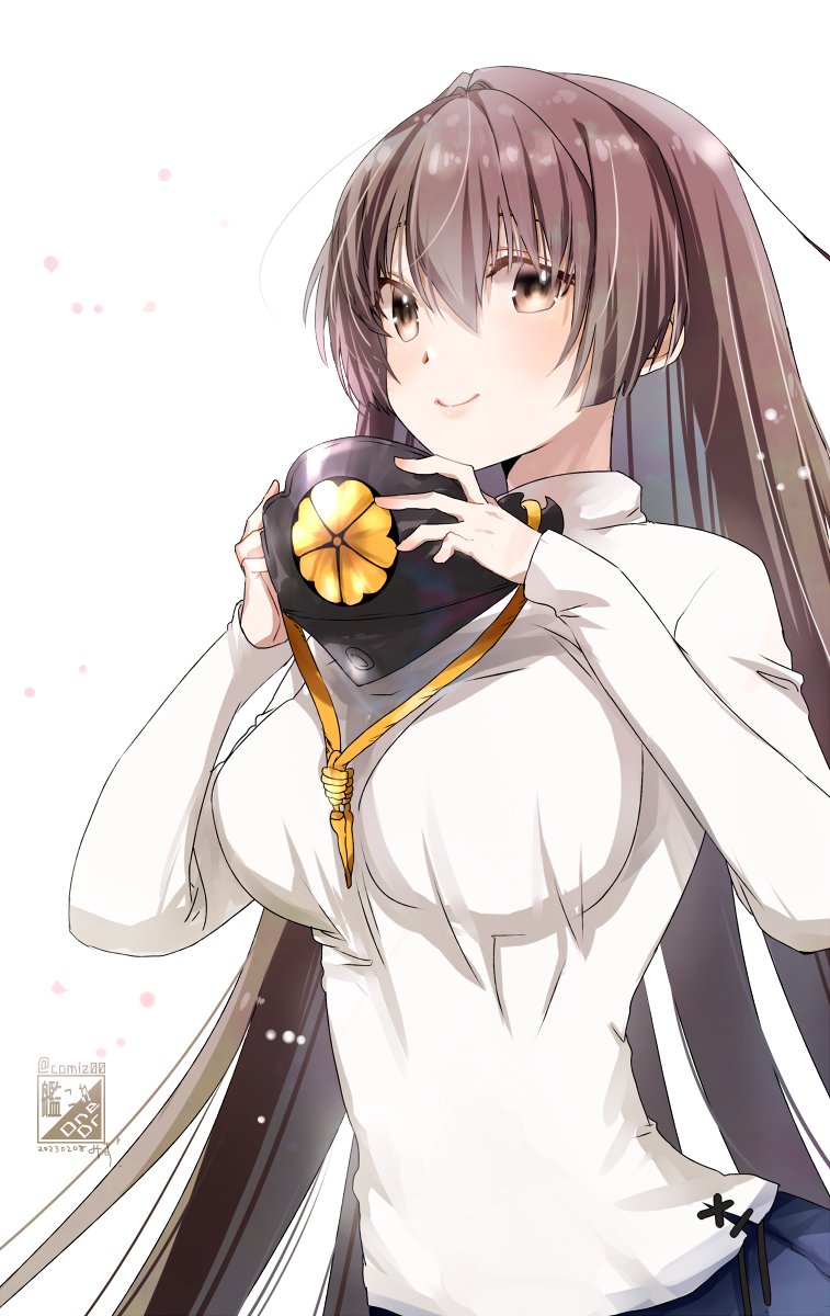 1girl alternate_costume alternate_hairstyle breasts brother_and_sister brown_hair hair_down highres holding kantai_collection kimura_shiki large_breasts long_hair one-hour_drawing_challenge siblings simple_background solo sweater turtleneck turtleneck_sweater upper_body white_background white_sweater yamato_(kancolle)