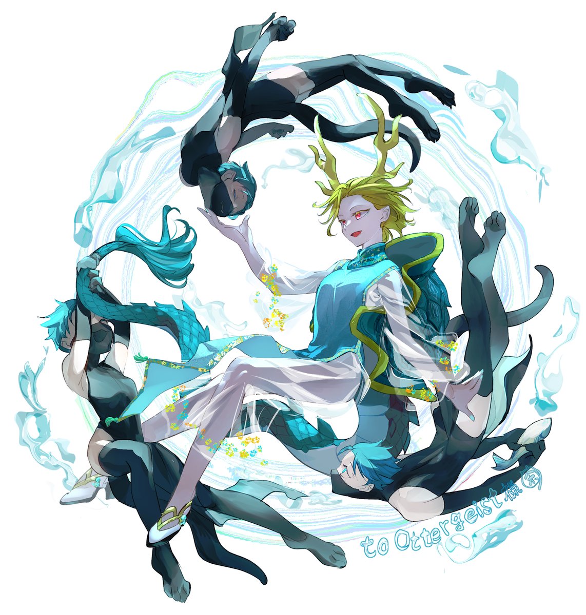 1girl 3others alternate_costume antlers aqua_eyes aqua_hair black_thighhighs blonde_hair blue_dress chamaruku commission dragon_horns dragon_tail dress gold_trim highres horns kicchou_yachie long_sleeves multiple_others open_mouth otter_spirit_(touhou) personification red_eyes see-through shoes short_hair simple_background skeb_commission smile tail thigh-highs touhou turtle_shell white_background white_footwear yellow_horns