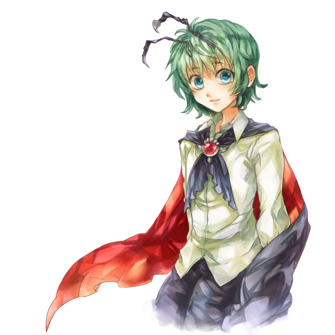 1girl androgynous antennae bangs black_cape black_shorts blue_eyes brooch cape closed_mouth collared_shirt commentary_request cowboy_shot flat_chest gem green_hair highres jewelry long_sleeves looking_at_viewer red_cape red_gemstone shin'ichi_(yokosuka220) shirt short_hair shorts simple_background smile solo tomboy touhou two-sided_cape two-sided_fabric white_background white_shirt wriggle_nightbug