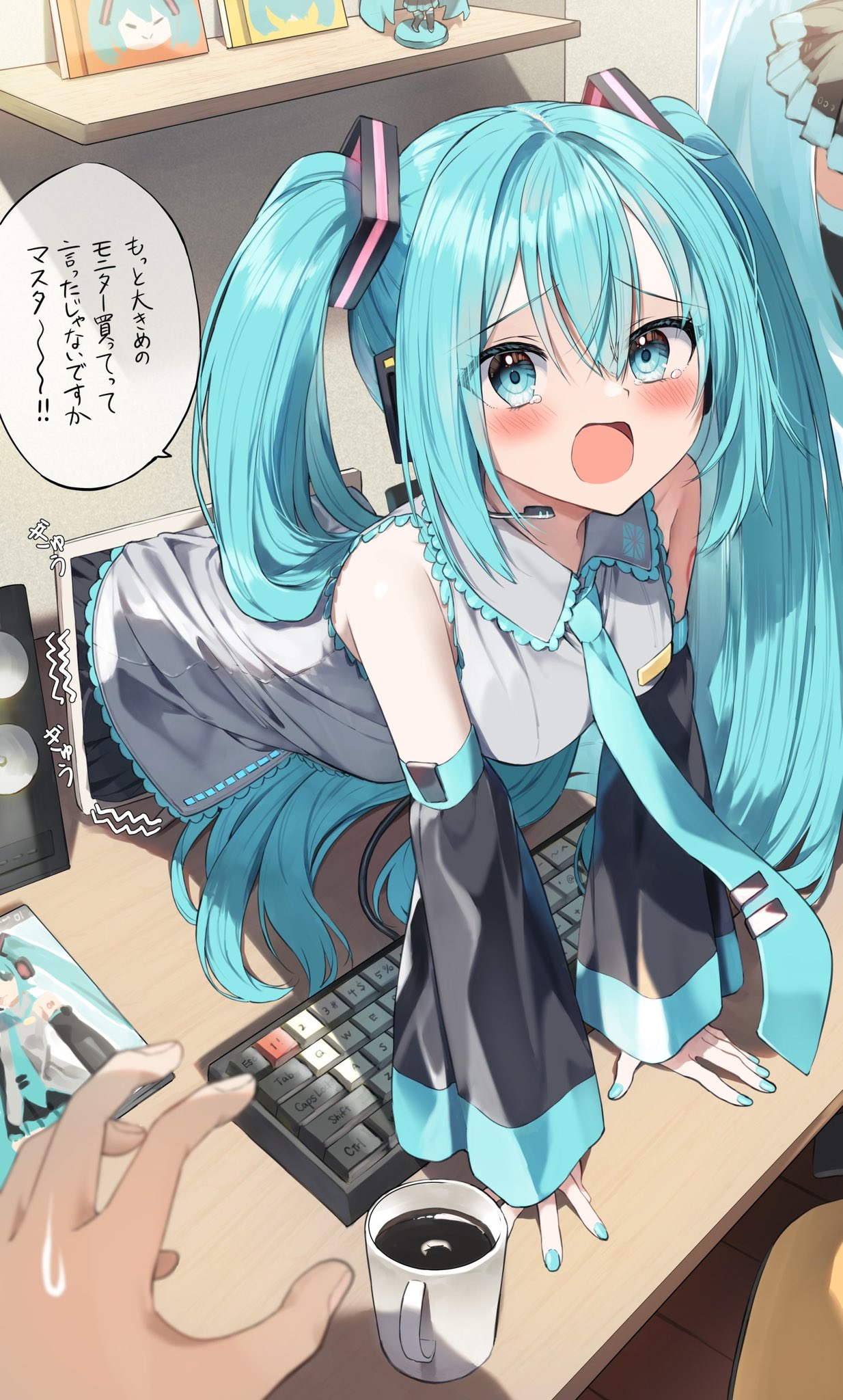 1girl black_skirt black_sleeves blue_eyes blue_hair blue_nails blue_necktie blush cd_case commentary crawling crypton_future_media cup desk detached_sleeves drink figure frilled_shirt frills furrowed_brow grey_shirt hair_ornament hatsune_miku headset highres keyboard_(computer) long_hair looking_at_viewer monitor mug necktie number_tattoo on_desk open_mouth pentagon_(railgun_ky1206) poster_(object) shirt skirt sleeveless sleeveless_shirt speaker speech_bubble tattoo tearing_up tears through_screen translated trembling twintails very_long_hair vocaloid