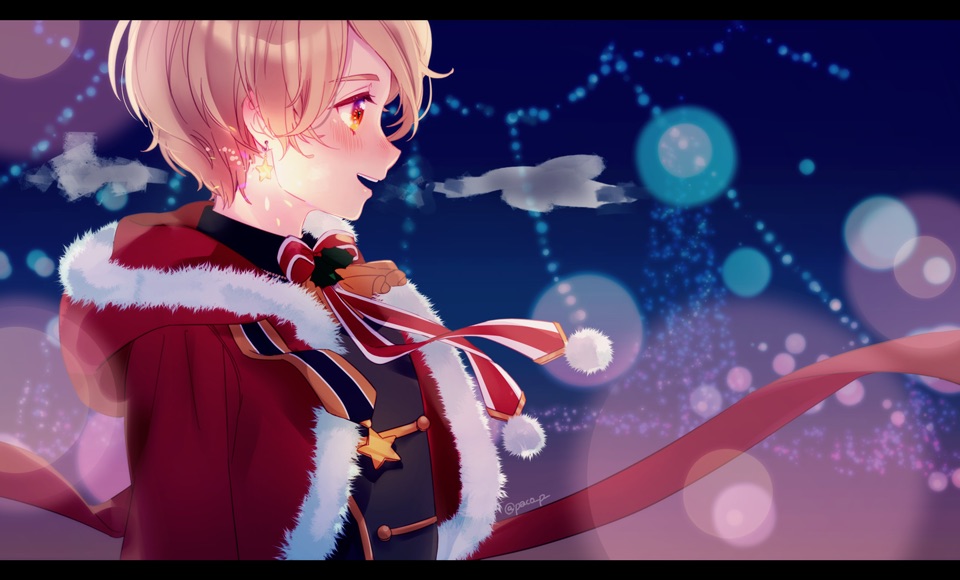 1boy blue_background bow brown_eyes capelet christmas ensemble_stars! facing_to_the_side hood hood_down light_brown_hair looking_at_viewer male_focus mashiro_tomoya multicolored_background purple_background red_capelet rinndouk santa_costume short_hair solo
