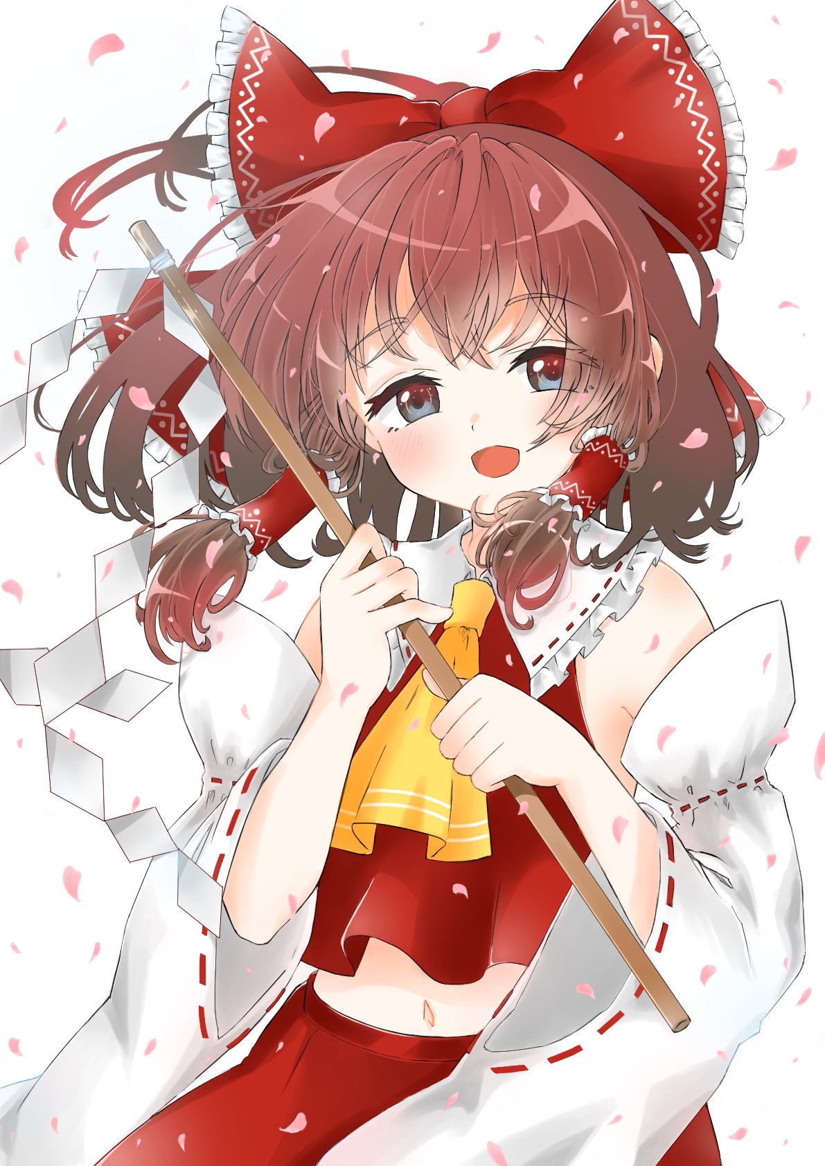 1girl ascot blush bow brown_hair cherry_blossoms detached_sleeves frilled_bow frilled_hair_tubes frilled_shirt_collar frills gohei grey_eyes hair_bow hair_tubes hakurei_reimu highres japanese_clothes looking_at_viewer medium_hair miko navel open_mouth petals red_bow red_shirt red_skirt shirt simple_background skirt sleeveless sleeveless_shirt smile solo subetehakai touhou upper_body white_background white_sleeves wide_sleeves yellow_ascot