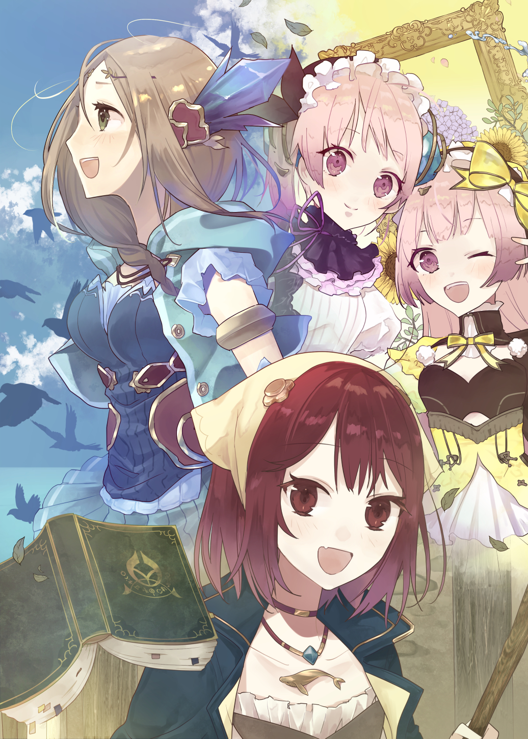 4girls :d atelier_(series) atelier_firis atelier_lydie_&amp;_suelle atelier_sophie bird blue_sky blush book bow brown_hair closed_mouth crystal dress firis_mistlud green_eyes hair_ornament hairband head_scarf highres jewelry kuromame_(honey_728) long_hair looking_at_viewer lydie_marlen multiple_girls necklace one_eye_closed open_mouth pink_eyes pink_hair plachta profile red_eyes redhead ribbon short_hair siblings sisters sky smile sophie_neuenmuller suelle_marlen twins yellow_bow