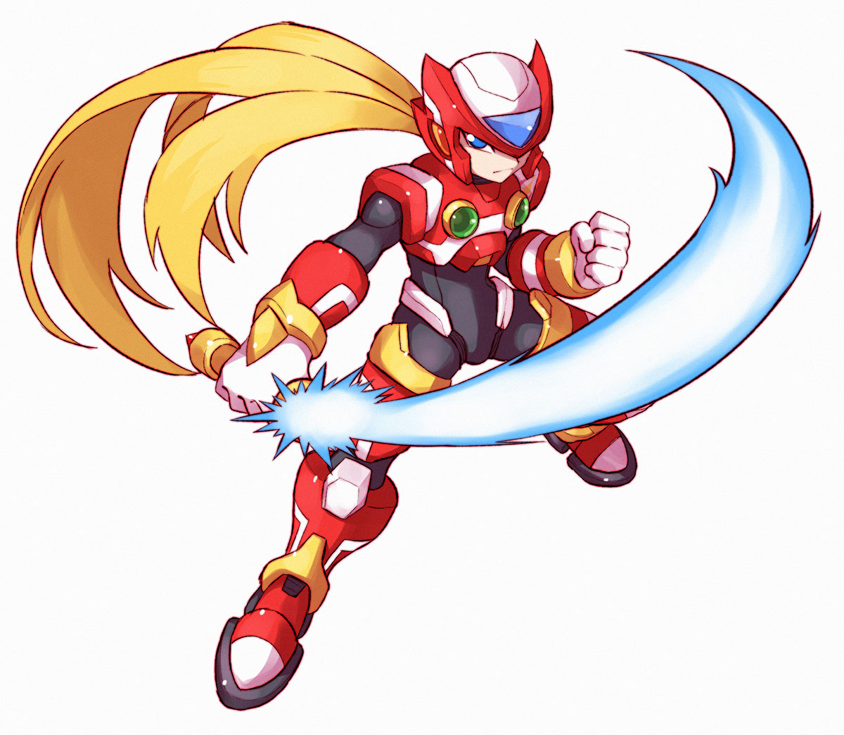 1boy android armor black_bodysuit blonde_hair blue_eyes bodysuit boots clenched_hand closed_mouth commentary energy_sword english_commentary floating_hair full_body gloves helmet holding holding_sword holding_weapon long_hair looking_at_viewer male_focus mega_man_(series) mega_man_zero red_footwear red_headwear redesign serious shoutaro_saito simple_background solo standing sword very_long_hair weapon white_background white_gloves zero_(mega_man)