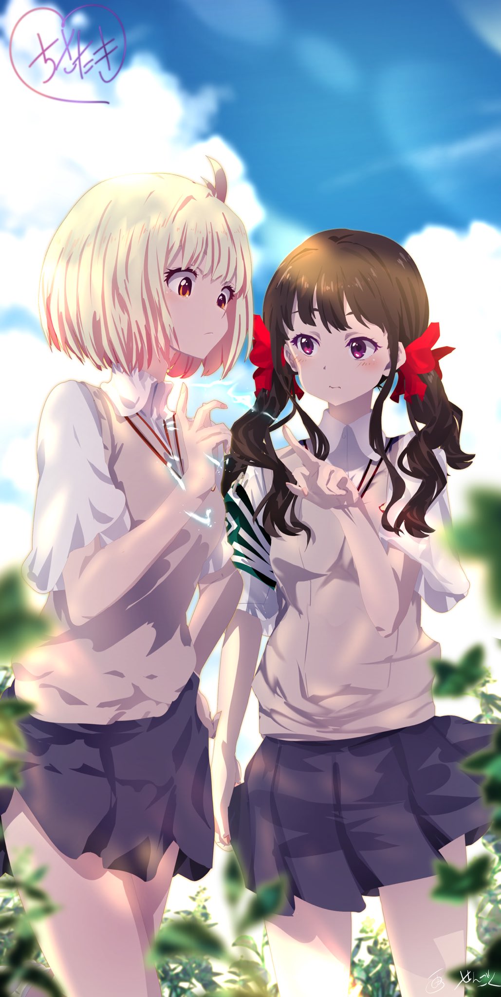 2girls armband bangs black_hair black_skirt blonde_hair blue_sky blurry blurry_background blurry_foreground blush brown_sweater_vest closed_mouth clouds collared_shirt commentary_request cosplay electricity hand_on_hip hand_up highres inoue_takina long_hair lycoris_recoil misaka_mikoto misaka_mikoto_(cosplay) multiple_girls nishikigi_chisato outdoors red_eyes school_uniform sengoku_chidori shirai_kuroko shirai_kuroko_(cosplay) shirt short_hair short_sleeves signature skirt sky sweater_vest tokiwadai_school_uniform twintails violet_eyes white_shirt