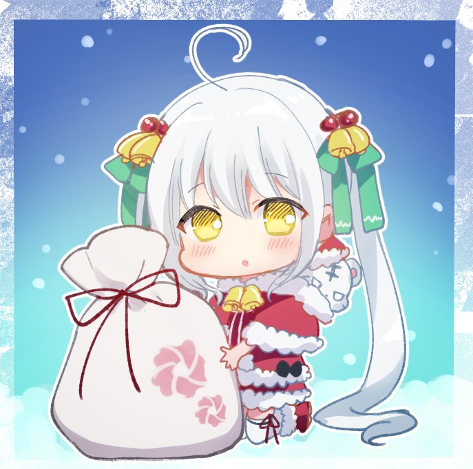 ahoge bell blush chibi gokotai_yoshimitsu hair_bell hair_ornament hat holding holding_sack kneeling long_hair okanoyuno parted_lips sack santa_costume santa_hat snowing tenka_hyakken tiger tiger_cub twintails very_long_hair white_hair white_tiger yellow_eyes