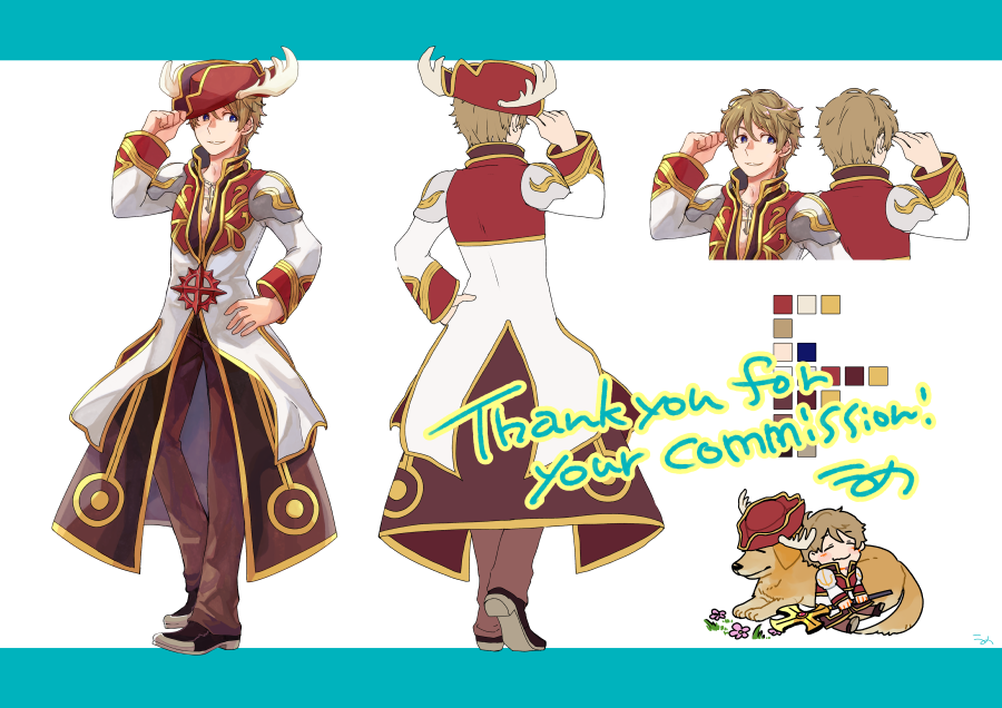 1boy antlers bangs bicorne blue_eyes brown_coat brown_hair brown_pants chibi coat color_guide commentary_request commission cross cross_necklace dog flower full_body gold_trim grin hat hat_tip high_priest_(ragnarok_online) jewelry layered_clothes long_sleeves male_focus necklace pants pink_flower ragnarok_online red_coat red_headwear shoes short_hair skeb_commission smile umaruzo white_coat