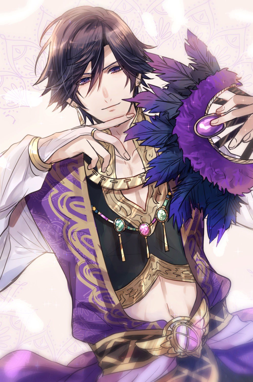 1boy arabian_clothes black_hair black_shirt bridal_gauntlets crop_top earrings feather_fan feathers folding_fan gem green_gemstone hair_between_eyes hand_fan highres holding holding_fan ichinose_tokiya jewelry long_sleeves looking_at_viewer male_focus midriff necklace official_alternate_costume open_clothes open_robe patterned_background pink_gemstone purple_gemstone purple_robe robe shirt short_hair smile solo tan_background upper_body uta_no_prince-sama uta_no_prince-sama:_shining_live violet_eyes white_bridal_gauntlets white_feathers white_sleeves zaichuu