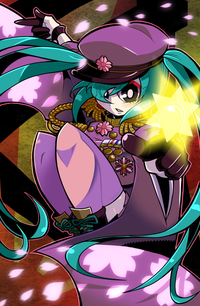 badge black_gloves blush boots cape cherry_blossoms eyelashes eyeshadow gloves glowing hat hatsune_miku long_hair makeup military military_uniform official_alternate_costume parted_lips pointing red_eyeshadow senbon-zakura_(vocaloid) soxy star_(symbol) thigh-highs twintails uniform vocaloid