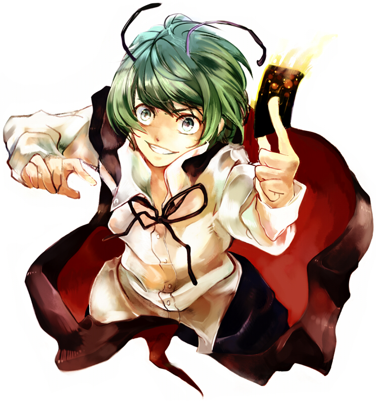 1girl antennae bangs black_cape black_ribbon black_shorts buttons cape card collared_shirt commentary_request green_eyes green_hair grin holding holding_card long_sleeves looking_at_viewer neck_ribbon red_cape reverse_trap ribbon shin'ichi_(yokosuka220) shirt short_hair shorts simple_background smile solo touhou two-sided_cape two-sided_fabric upper_body white_background white_shirt wriggle_nightbug