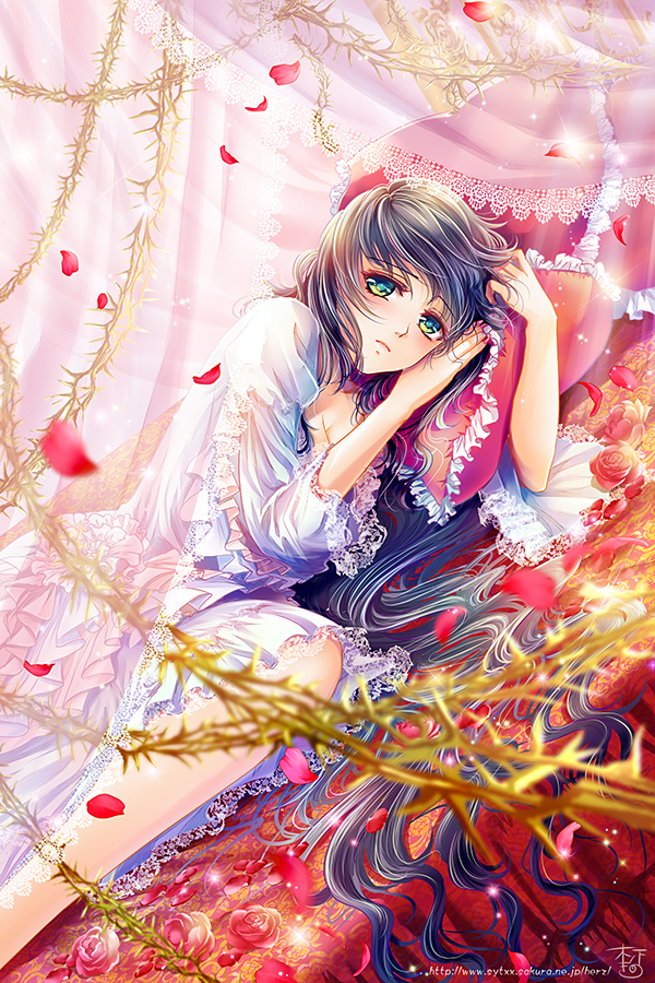 1girl bed brown_hair flower frills frown green_eyes kinota lace_trim lingerie lying negligee on_side original petals pillow revision rose rose_petals thorns underwear