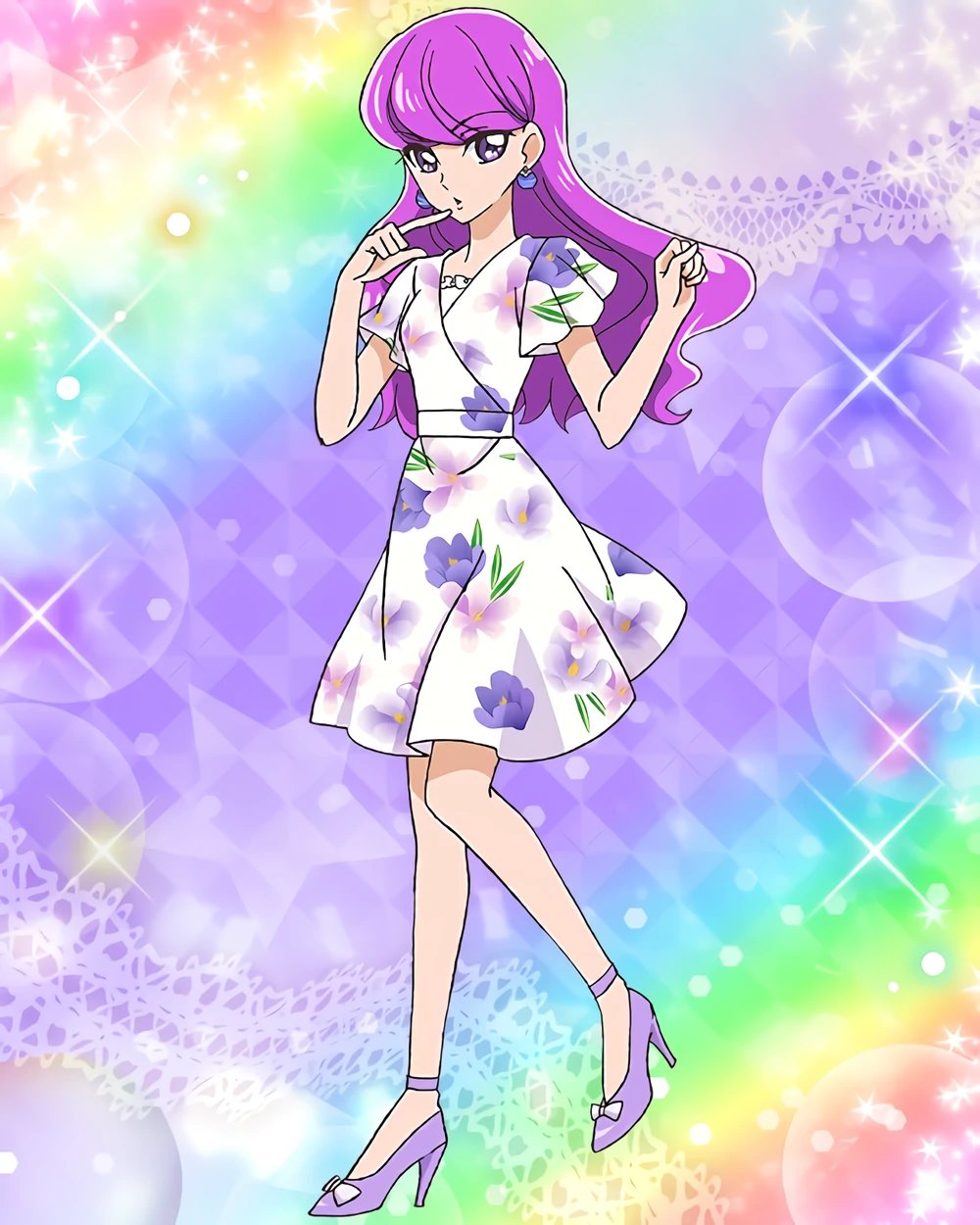 1girl dress earrings floral_print full_body highres jewelry kirakira_precure_a_la_mode kotozume_yukari official_art precure precure_connection_puzzlun purple_footwear purple_hair solo third-party_source violet_eyes white_dress