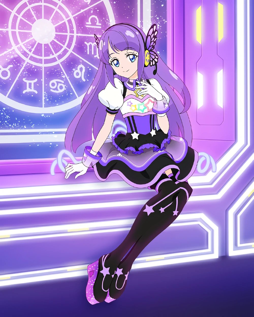 1girl blue_eyes boots detached_collar gloves headphones highres kaguya_madoka long_hair official_art precure purple_hair sitting smile solo star_twinkle_precure thigh_boots third-party_source white_gloves