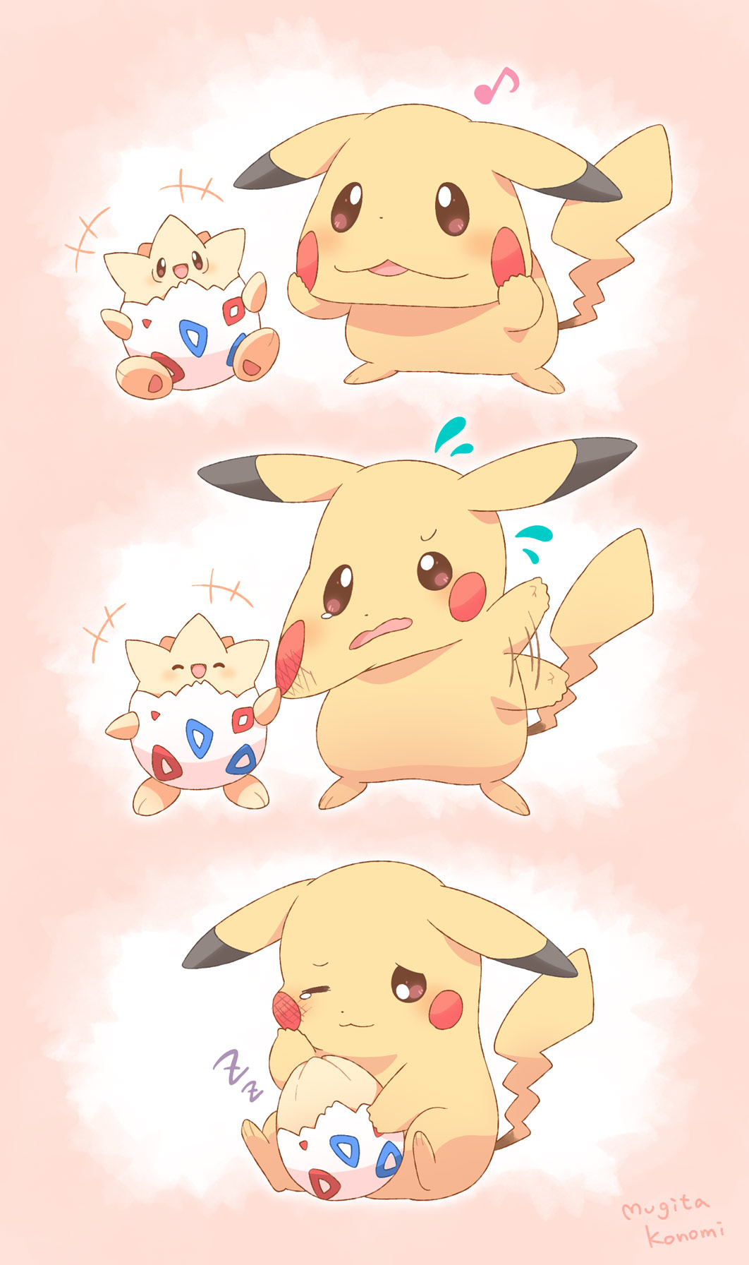 +++ :3 :d ^_^ afterimage artist_name blush bright_pupils brown_eyes cheek_pull closed_eyes closed_mouth commentary_request ears_down flying_sweatdrops full_body hands_up happy highres hug laughing motion_lines mugita_konomi musical_note no_humans one_eye_closed open_mouth pikachu pink_background pokemon pokemon_(creature) simple_background sitting smile tearing_up togepi white_background white_pupils wince