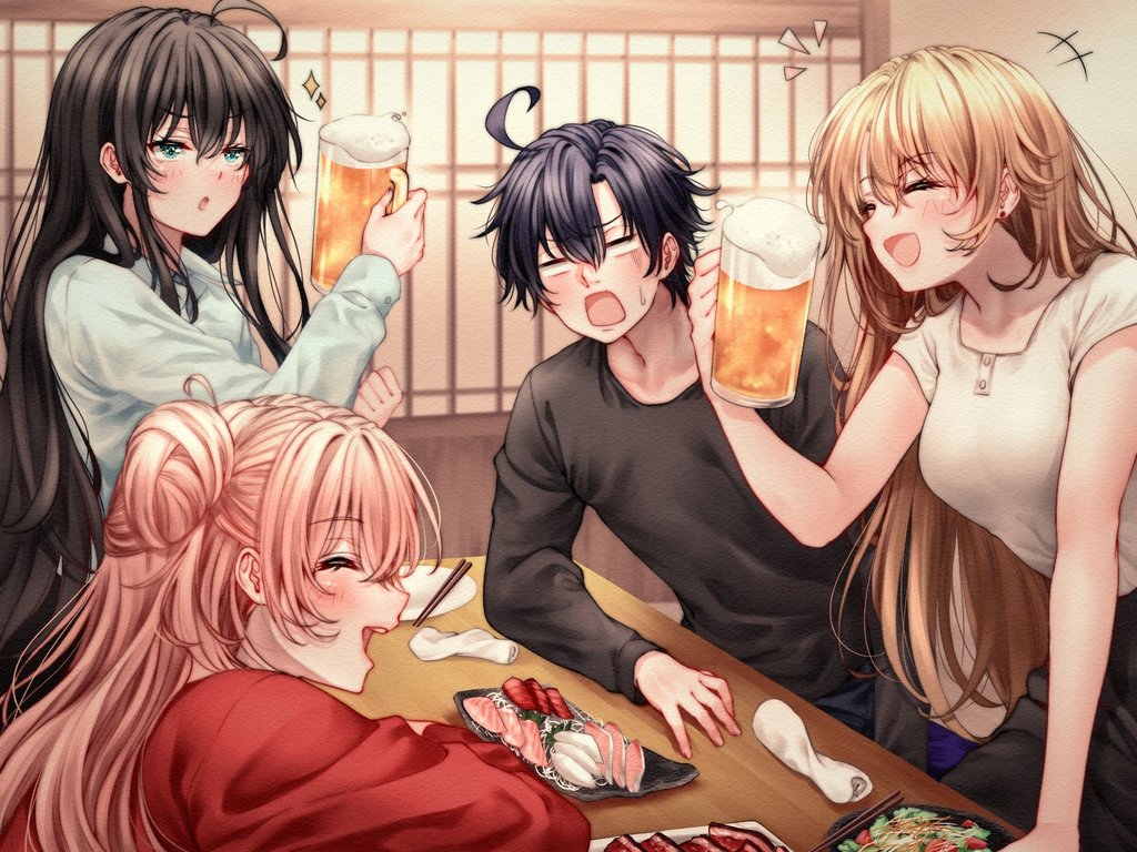 1boy 3girls ahoge alcohol bangs beer beer_mug black_hair black_shirt blue_eyes blue_shirt brown_hair casual chopsticks closed_eyes commentary_request cup drink food hair_bun happy hikigaya_hachiman holding holding_cup holding_drink isshiki_iroha long_hair long_sleeves medium_hair mug multiple_girls notice_lines open_mouth parted_lips pink_hair plate red_hayao red_shirt shirt short_hair short_sleeves sidelocks single_hair_bun single_side_bun smile sweatdrop white_shirt yahari_ore_no_seishun_lovecome_wa_machigatteiru. yuigahama_yui yukinoshita_yukino