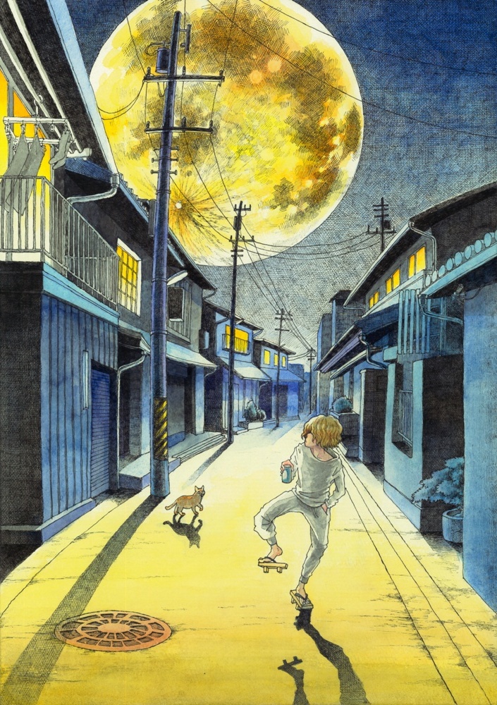 1boy alley blonde_hair can cat grate hair_over_eyes hand_in_pocket holding holding_can house ippuqq laundry long_sleeves moon night original pants plant sandals sewer_grate shadow shirt short_hair traditional_media utility_pole walking white_pants white_shirt