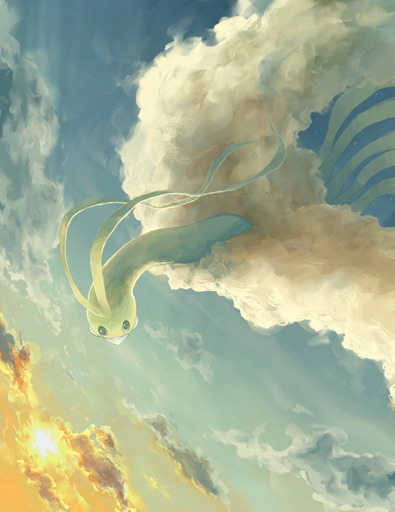 altaria bird clouds commentary_request flying highres nashimochi_4 no_humans outdoors pokemon pokemon_(creature) sky solo sun twilight