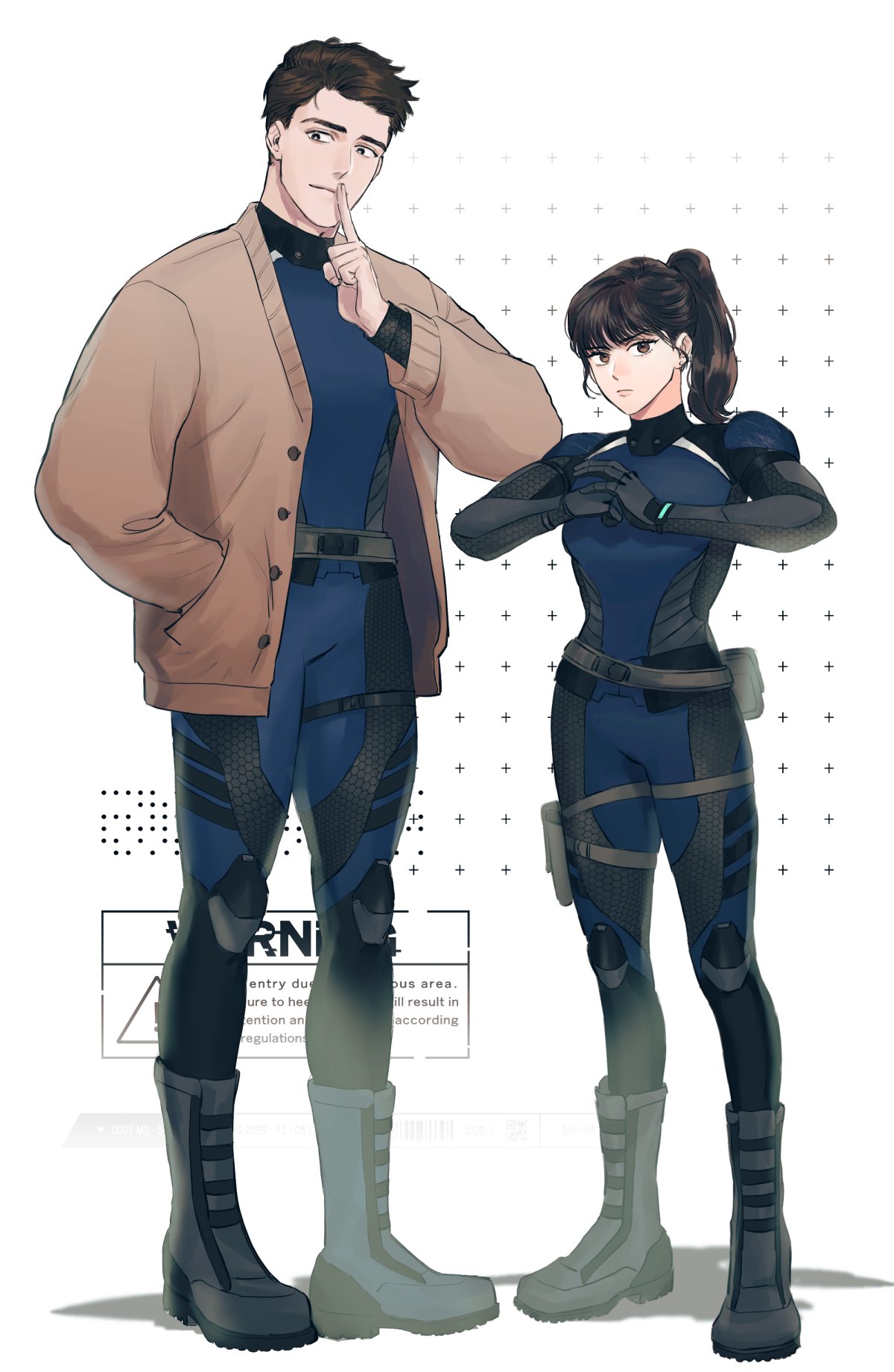 1boy 1girl baek_ae-young bangs black_footwear black_hair blue_bodysuit bodysuit boots brown_eyes brown_hair brown_jacket closed_mouth commentary_request english_text eoduun_badaui_deungbul-i_doeeo finger_to_mouth full_body hand_in_pocket highres jacket jihyeok_seo korean_commentary long_hair looking_at_viewer ponytail samban_doyo short_hair simple_background standing wetsuit white_background