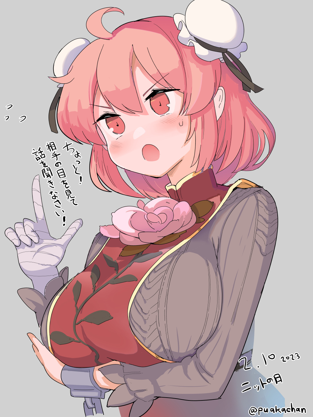 1girl ahoge bandaged_arm bandages bangs blush breasts brown_sweater bun_cover chain commentary_request cuffs dated flower grey_background hair_between_eyes highres ibaraki_kasen index_finger_raised large_breasts long_sleeves open_mouth pink_eyes pink_flower pink_hair pink_rose puuakachan rose short_hair simple_background solo sweater tabard touhou translation_request twitter_username upper_body